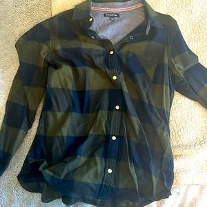 Navy blue and green snap buttons plaid flannel from Flag & Anthem